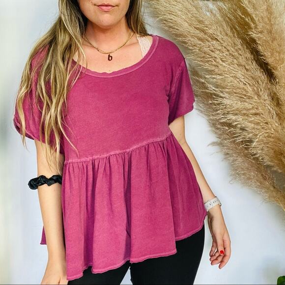 FREE PEOPLE FP Maroon Short Sleeve Babydoll Peplum Ruffle Boxy Tee Shirt Top M - Picture 1 of 8